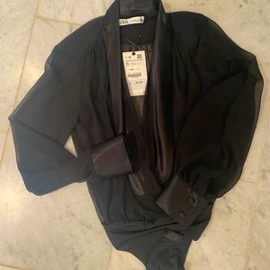Zara black sheer tuxedo-esque body suit. New with tags. Size small